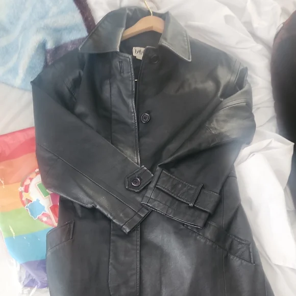 Bagatelle Vintage Black Leather Midi Trench Coat Belted Edgy 90s - Picture 11 of 12